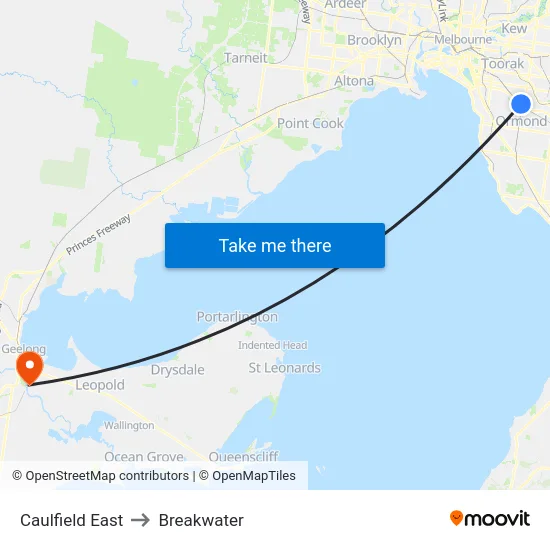 Caulfield East to Breakwater map