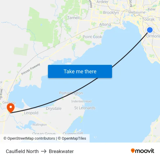 Caulfield North to Breakwater map