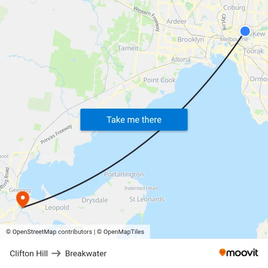 Clifton Hill to Breakwater map