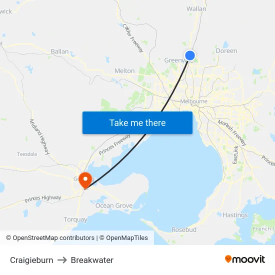 Craigieburn to Breakwater map