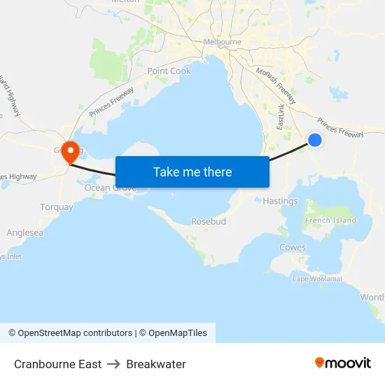 Cranbourne East to Breakwater map
