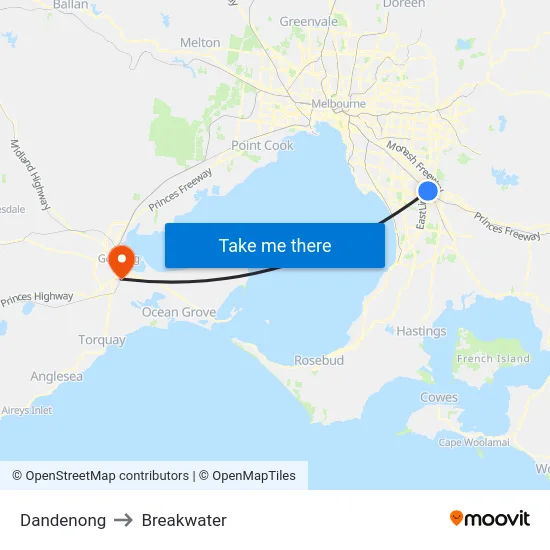 Dandenong to Breakwater map