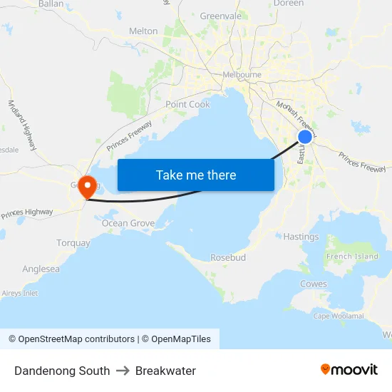 Dandenong South to Breakwater map