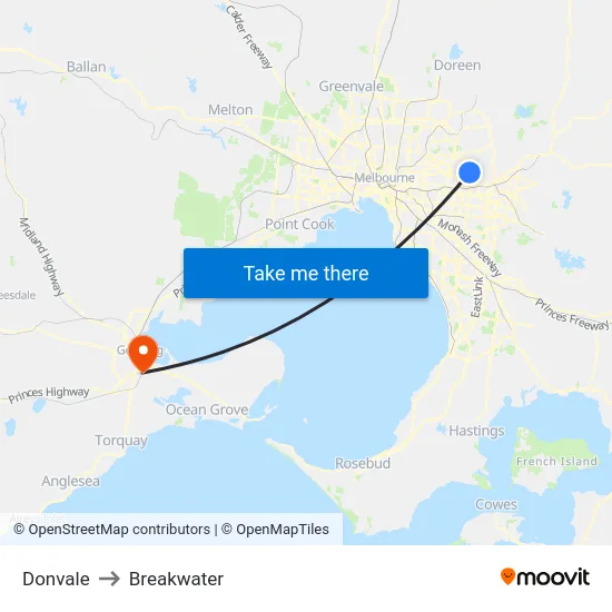 Donvale to Breakwater map