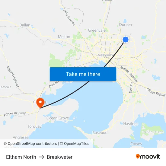 Eltham North to Breakwater map