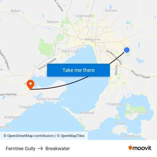 Ferntree Gully to Breakwater map
