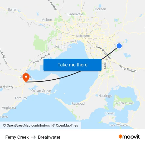 Ferny Creek to Breakwater map