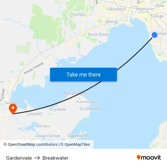 Gardenvale to Breakwater map