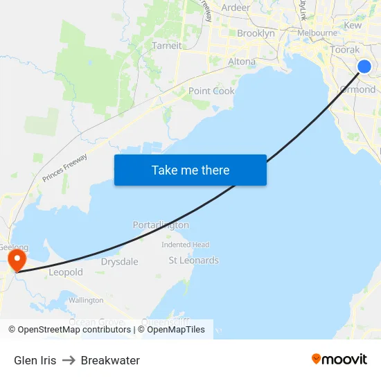 Glen Iris to Breakwater map