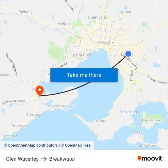 Glen Waverley to Breakwater map