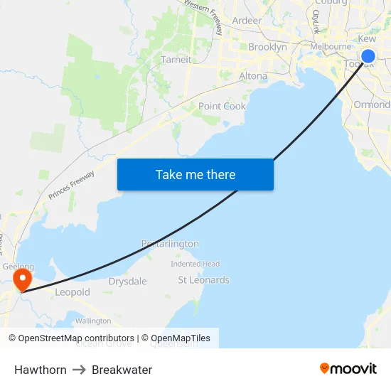 Hawthorn to Breakwater map