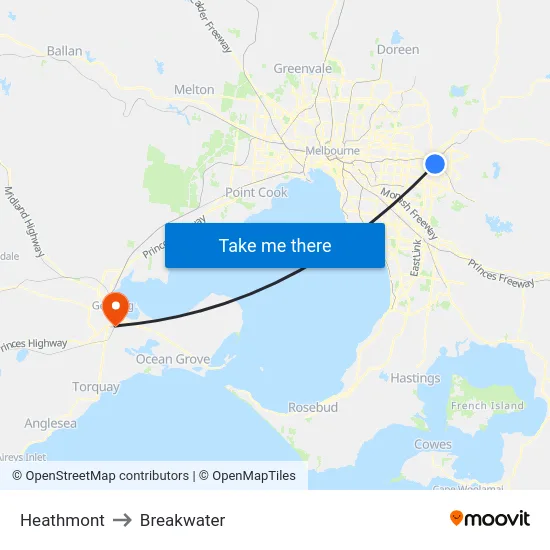 Heathmont to Breakwater map