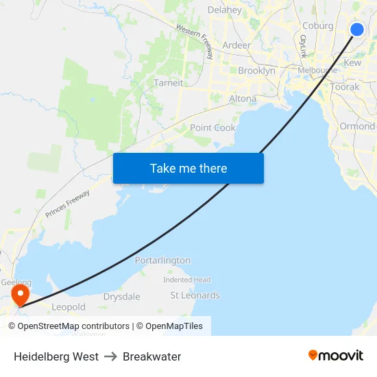 Heidelberg West to Breakwater map