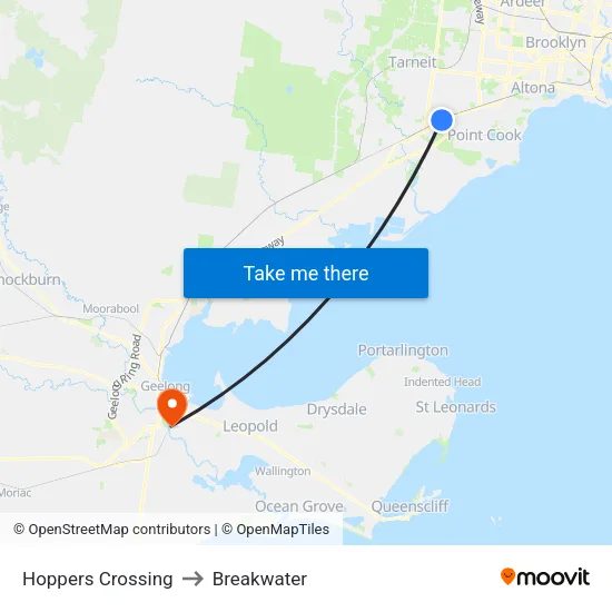 Hoppers Crossing to Breakwater map