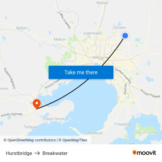 Hurstbridge to Breakwater map