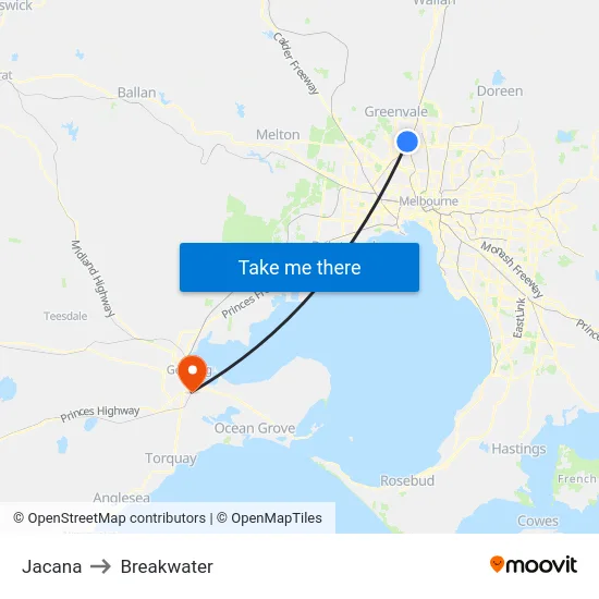 Jacana to Breakwater map