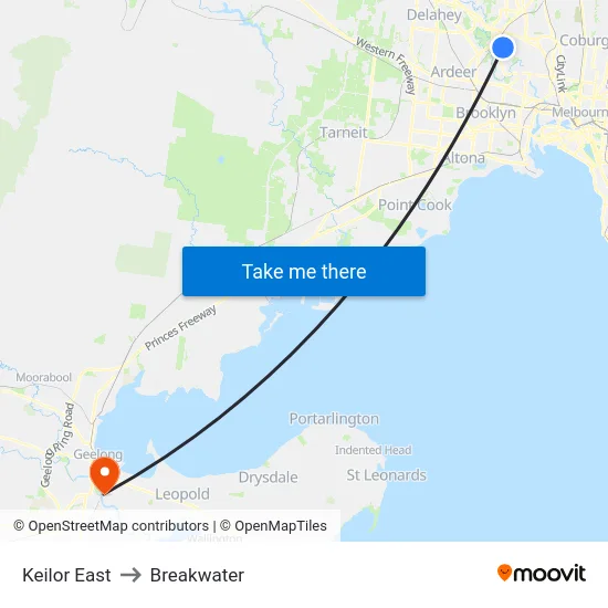 Keilor East to Breakwater map