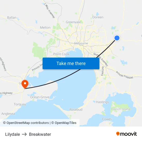 Lilydale to Breakwater map