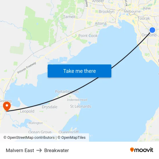 Malvern East to Breakwater map