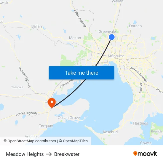 Meadow Heights to Breakwater map