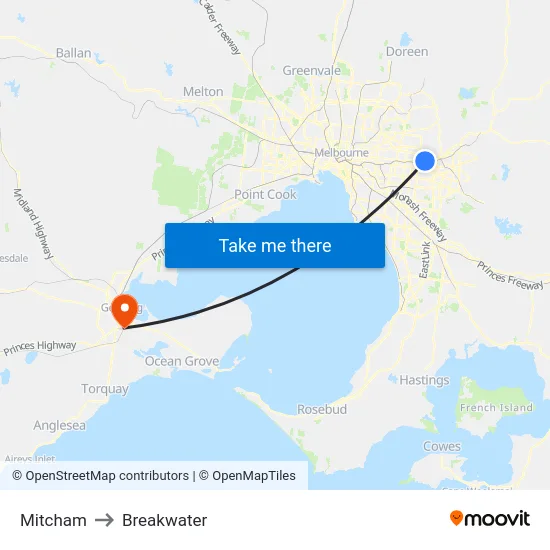 Mitcham to Breakwater map