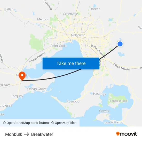 Monbulk to Breakwater map