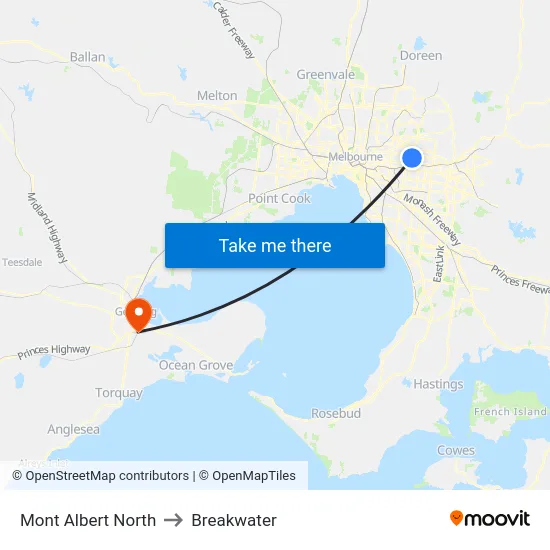Mont Albert North to Breakwater map