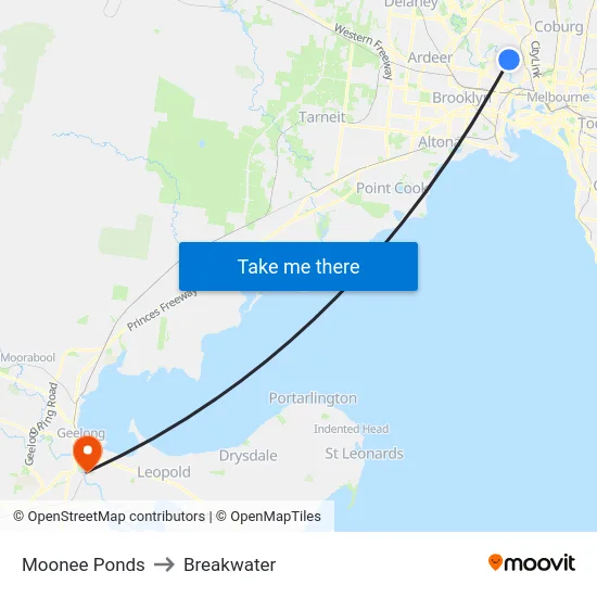 Moonee Ponds to Breakwater map