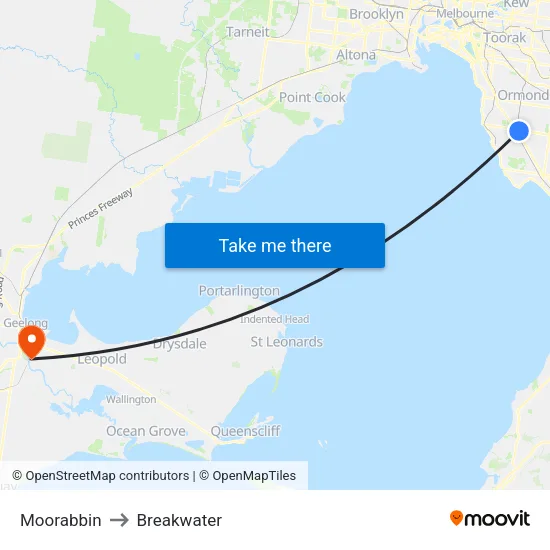 Moorabbin to Breakwater map