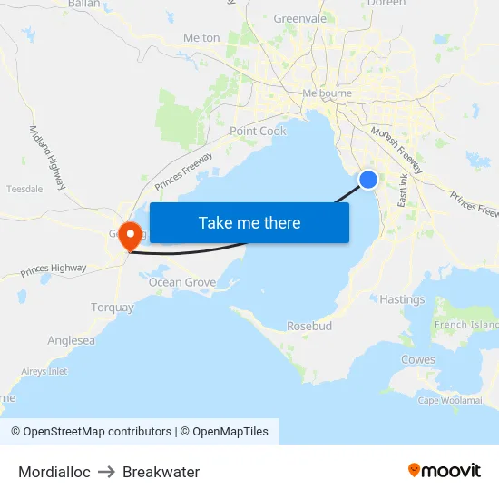 Mordialloc to Breakwater map