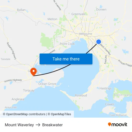Mount Waverley to Breakwater map