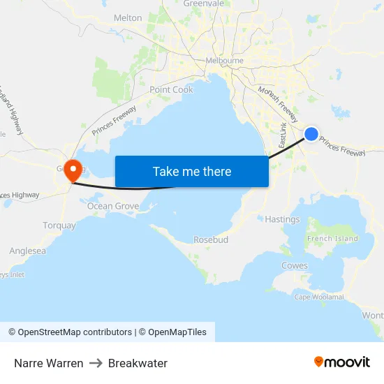 Narre Warren to Breakwater map