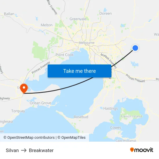 Silvan to Breakwater map