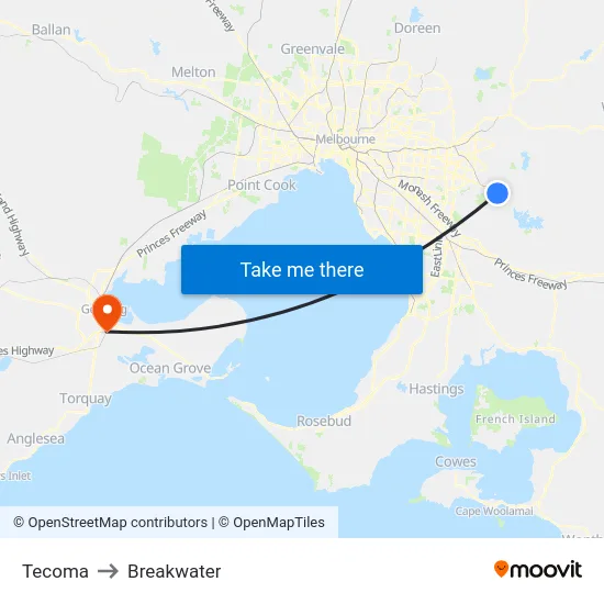 Tecoma to Breakwater map