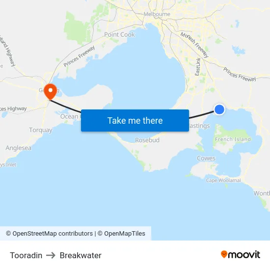 Tooradin to Breakwater map