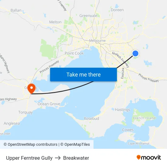 Upper Ferntree Gully to Breakwater map