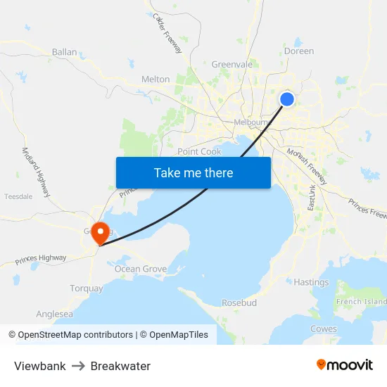 Viewbank to Breakwater map
