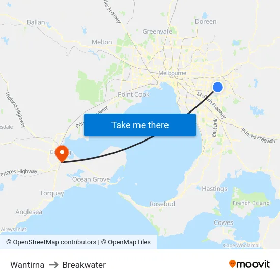 Wantirna to Breakwater map