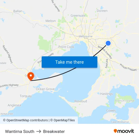 Wantirna South to Breakwater map
