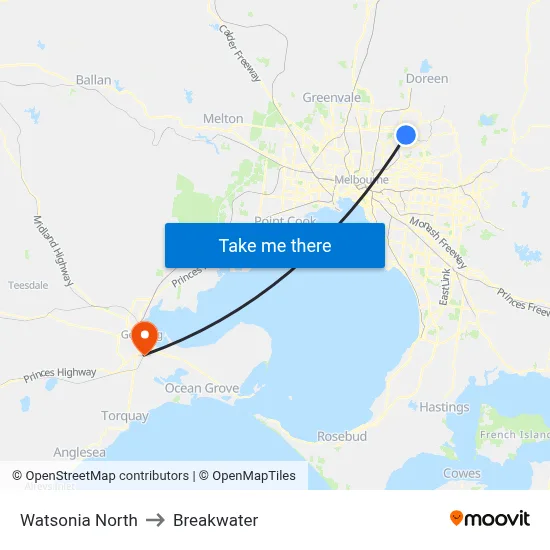 Watsonia North to Breakwater map