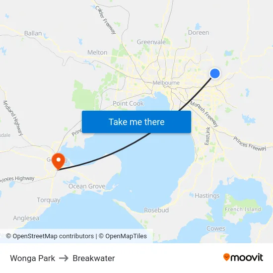 Wonga Park to Breakwater map