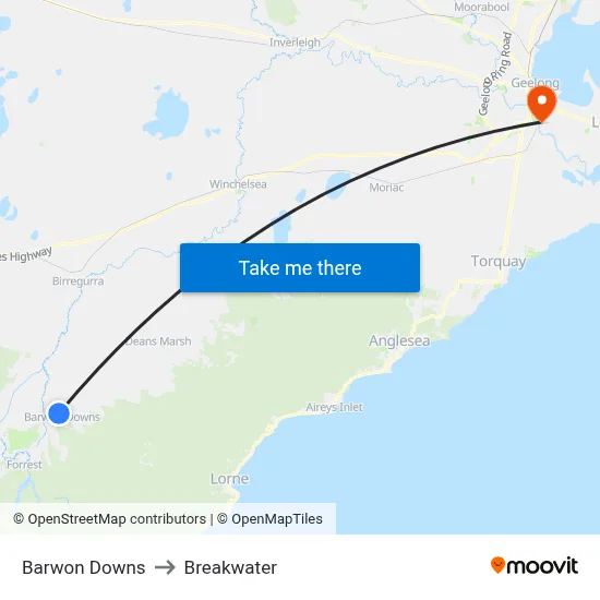 Barwon Downs to Breakwater map