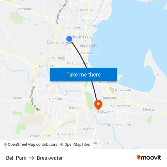 Bell Park to Breakwater map