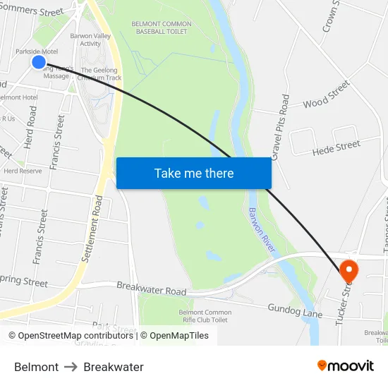Belmont to Breakwater map