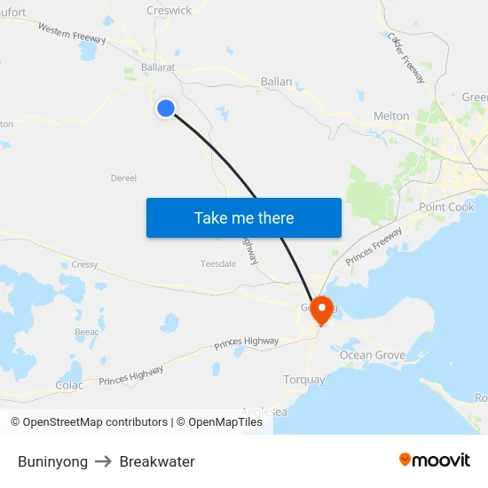 Buninyong to Breakwater map