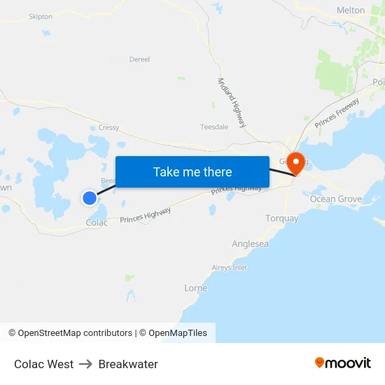 Colac West to Breakwater map