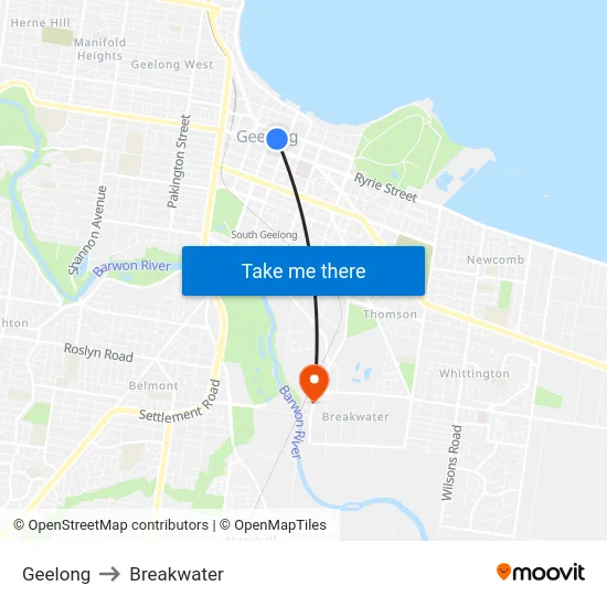 Geelong to Breakwater map