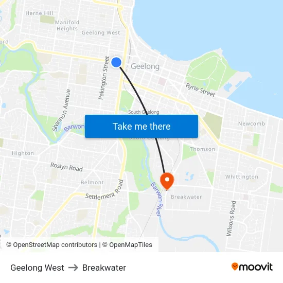 Geelong West to Breakwater map