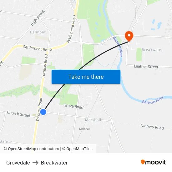 Grovedale to Breakwater map