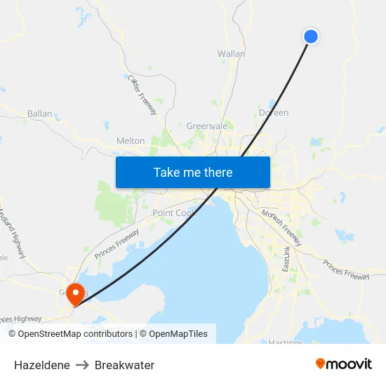 Hazeldene to Breakwater map